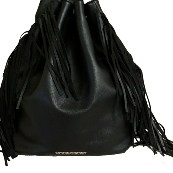 Victoria's Secret Large Black Faux Leather Fringe Drawstring Backpack Tote Purse - Picture 5 of 11